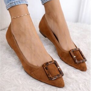 Lamatin Brown Suede Flats with Tortoise Buckle, Made in Italy